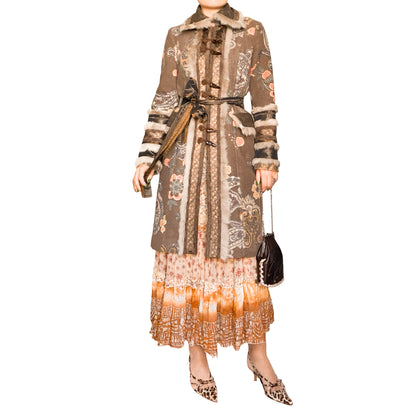 Italian Designer 90's Boho Brocade & Fur Coat
