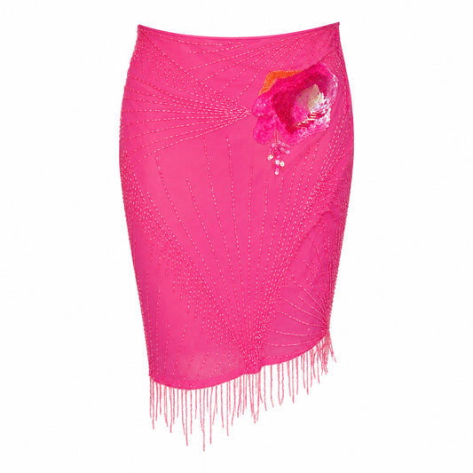 Italian  Designer 90S  Pink Silk Beaded Flower Skirt