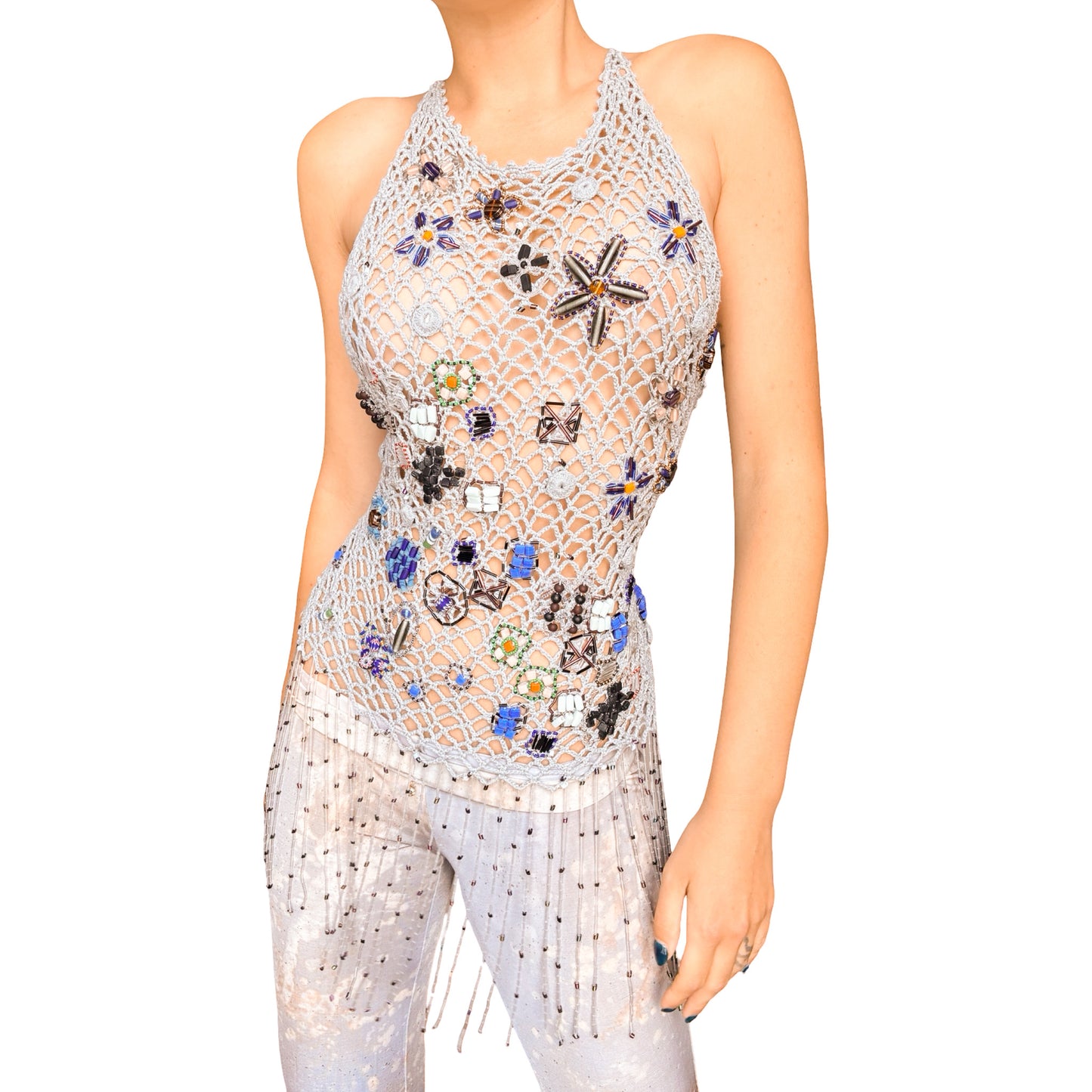Italian Handmade 90s Jewelled Crochet Open-Back Top