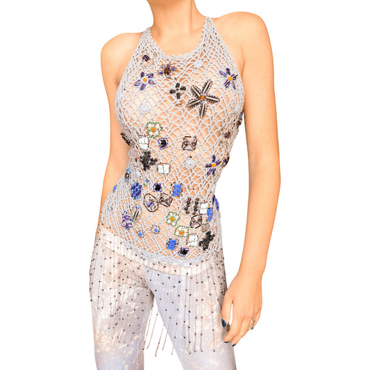Italian Handmade 90s Jewelled Crochet Open-Back Top