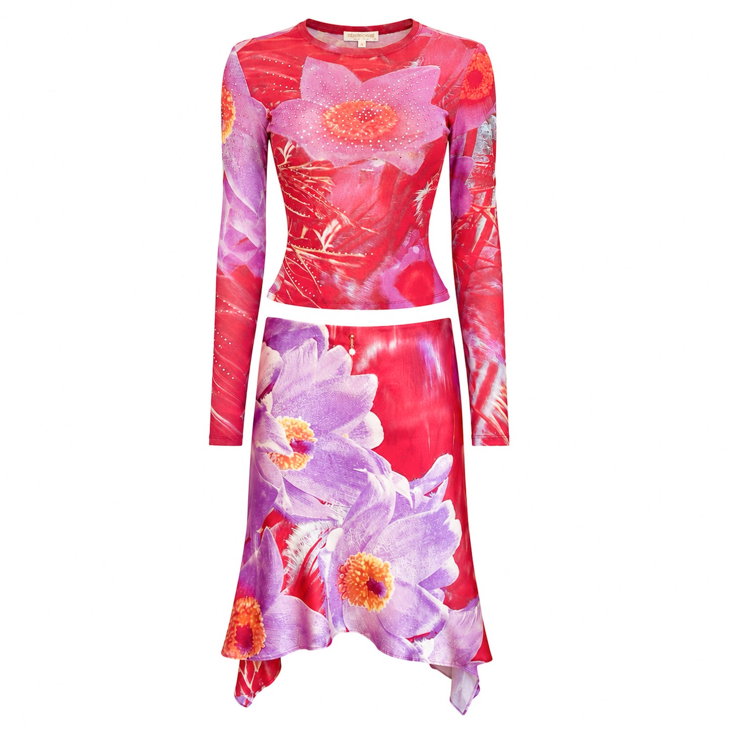 Roberto Cavalli 2000 Floral Swarovski Mesh & Silk Skirt Set