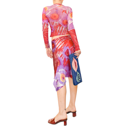 Roberto Cavalli 2000 Floral Swarovski Mesh & Silk Skirt Set