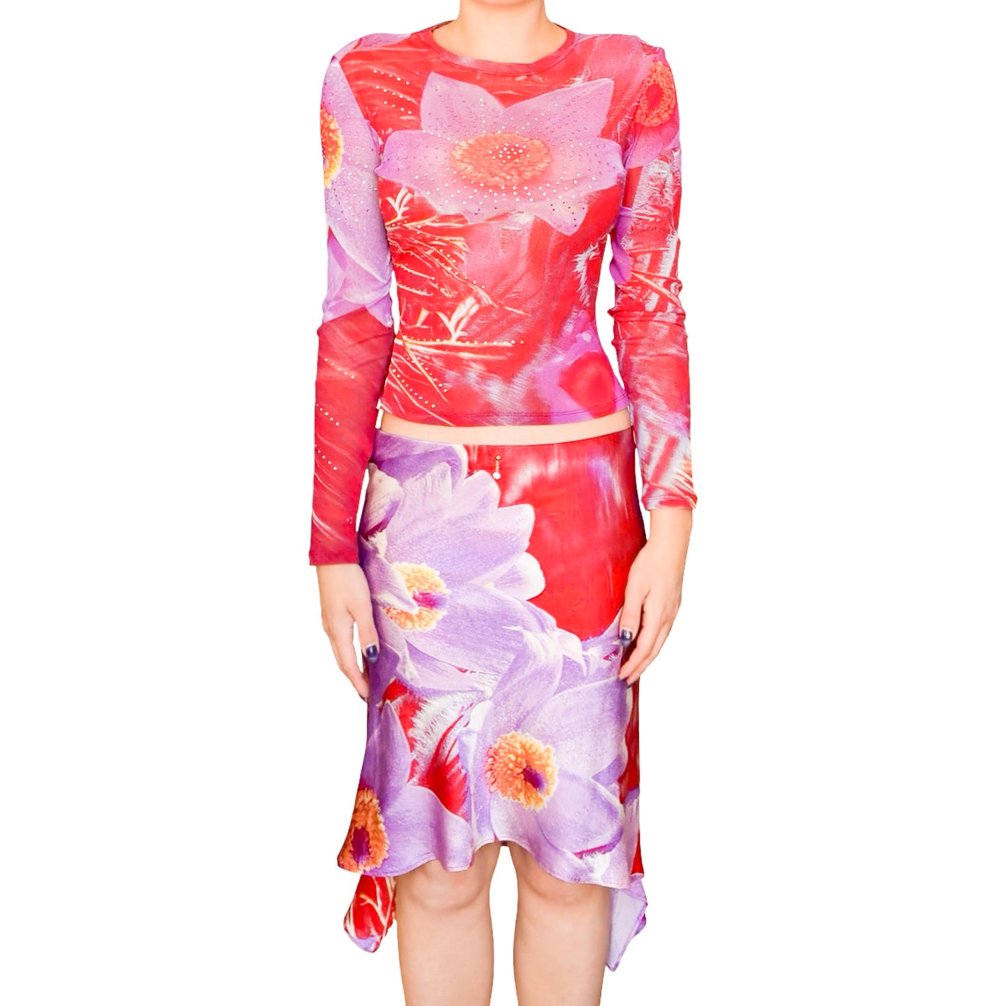 Roberto Cavalli 2000 Floral Swarovski Mesh & Silk Skirt Set
