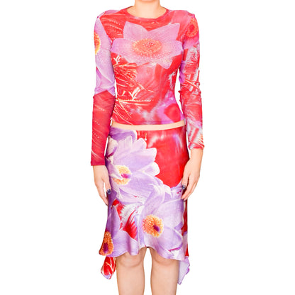 Roberto Cavalli 2000 Floral Swarovski Mesh & Silk Skirt Set