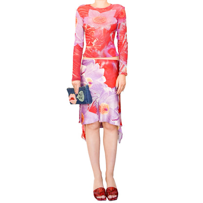 Roberto Cavalli 2000 Floral Swarovski Mesh & Silk Skirt Set