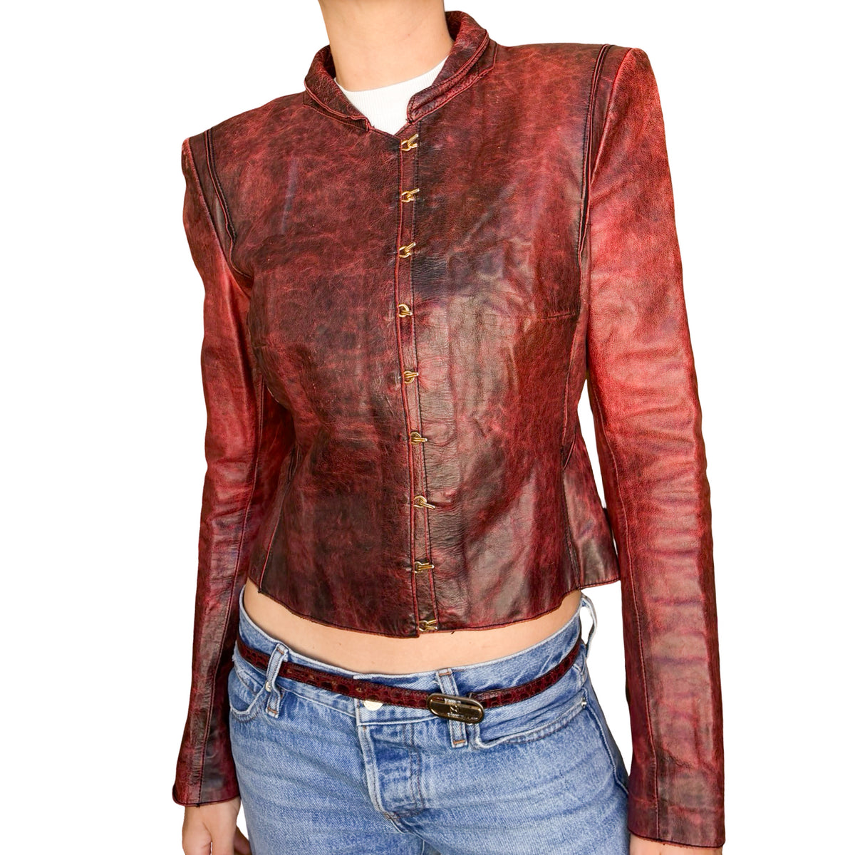 Roberto Cavalli 2001 Burnished Red Leather Hook Jacket