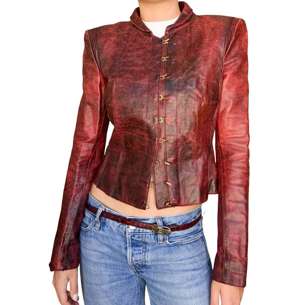Roberto Cavalli 2001 Burnished Red Leather Hook Jacket