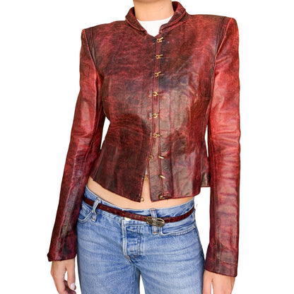 Roberto Cavalli 2001 Burnished Red Leather Hook Jacket