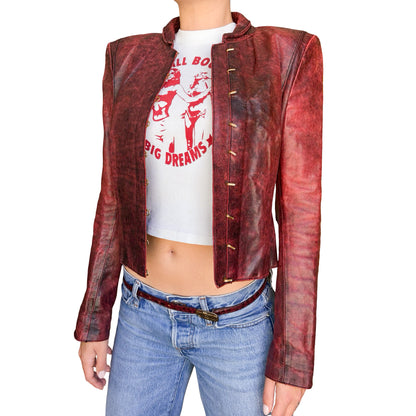 Roberto Cavalli 2001 Burnished Red Leather Hook Jacket