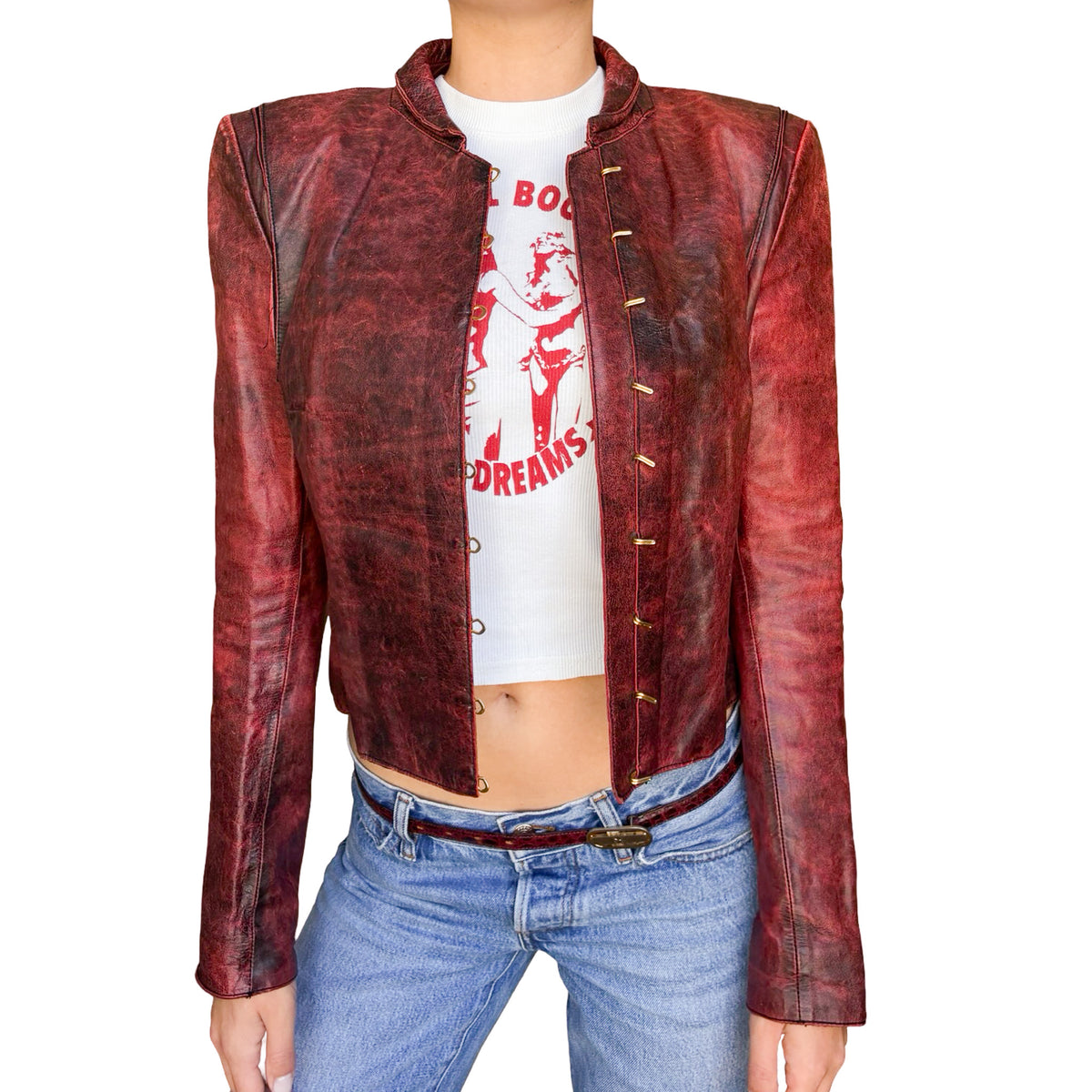 Roberto Cavalli 2001 Burnished Red Leather Hook Jacket