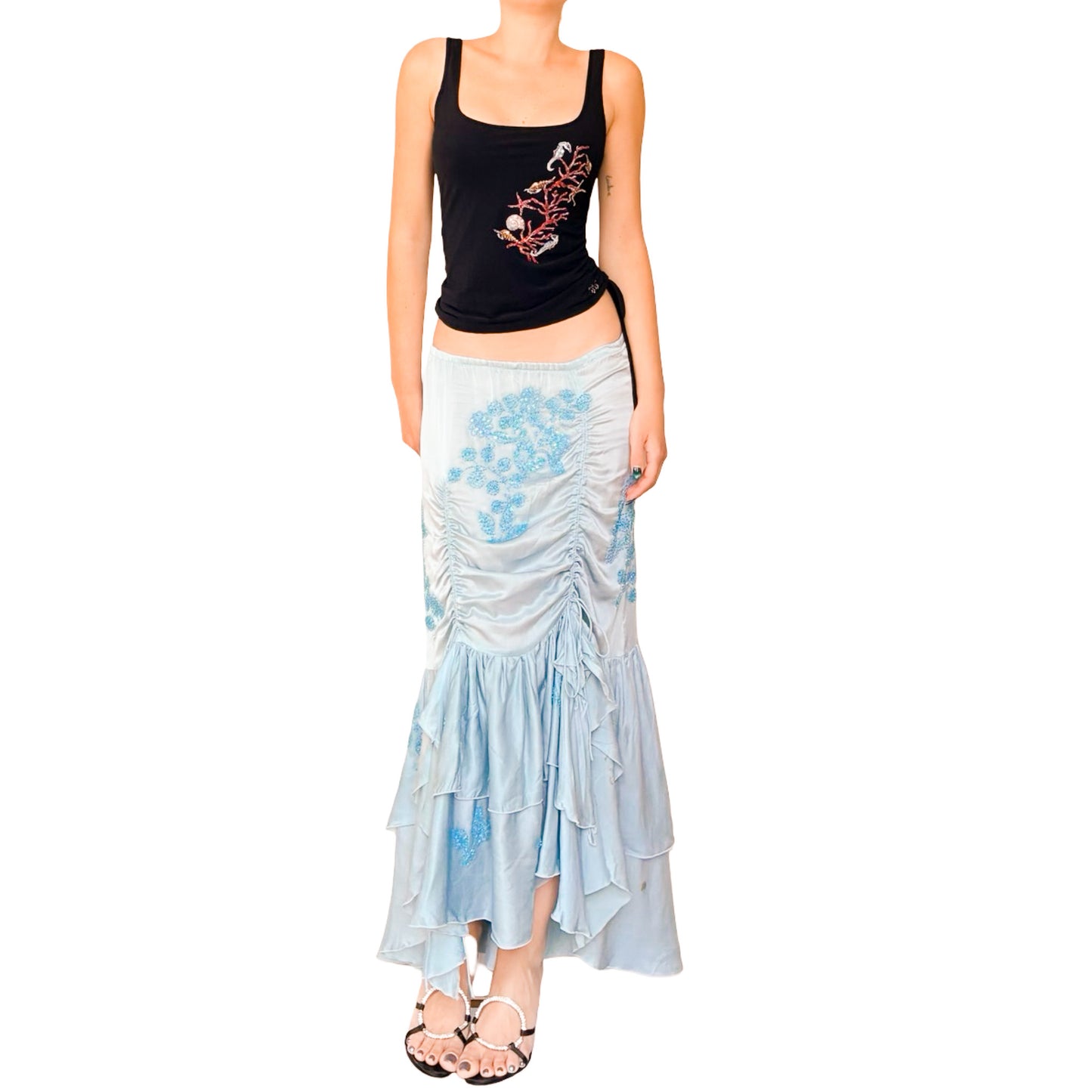 Spanish Designer 90s Silk Ruched Floral Skirt