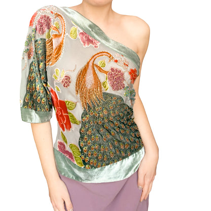 VTG 90s Silk Peacock Beaded Top