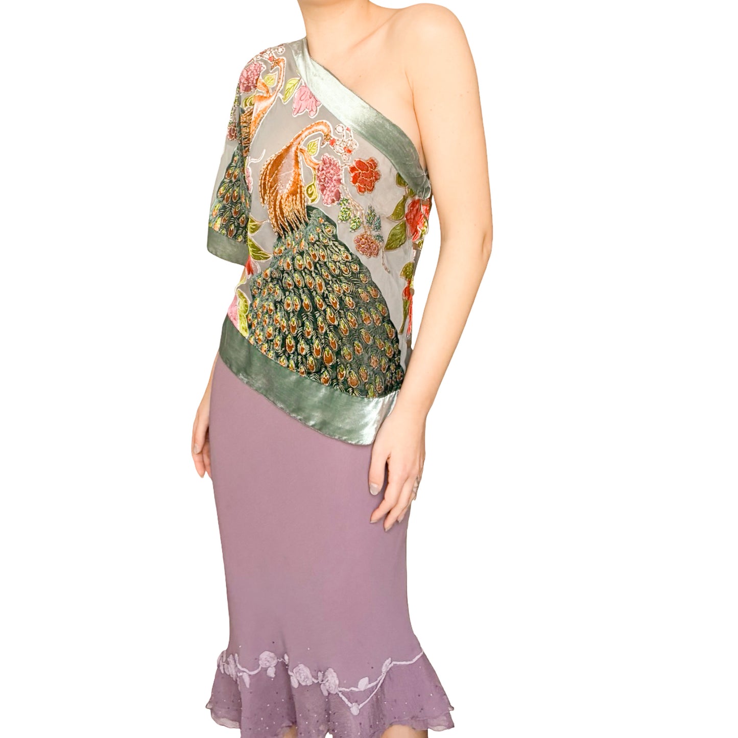 VTG 90s Silk Peacock Beaded Top