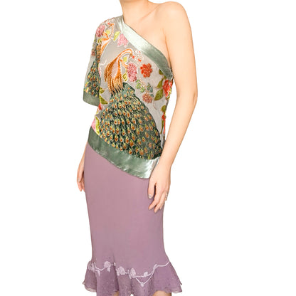 VTG 90s Silk Peacock Beaded Top