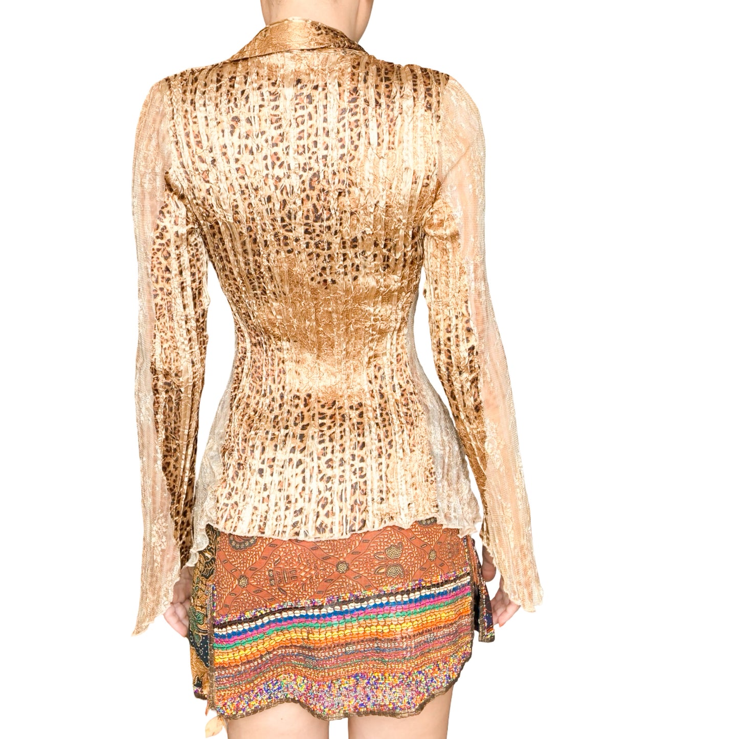 2000s Crinkled Leopard Lace Flared Sleeve Shirt