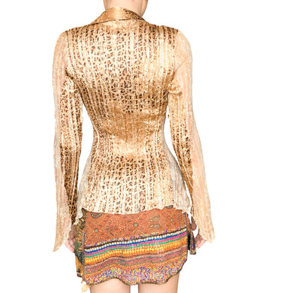 2000s Crinkled Leopard Lace Flared Sleeve Shirt