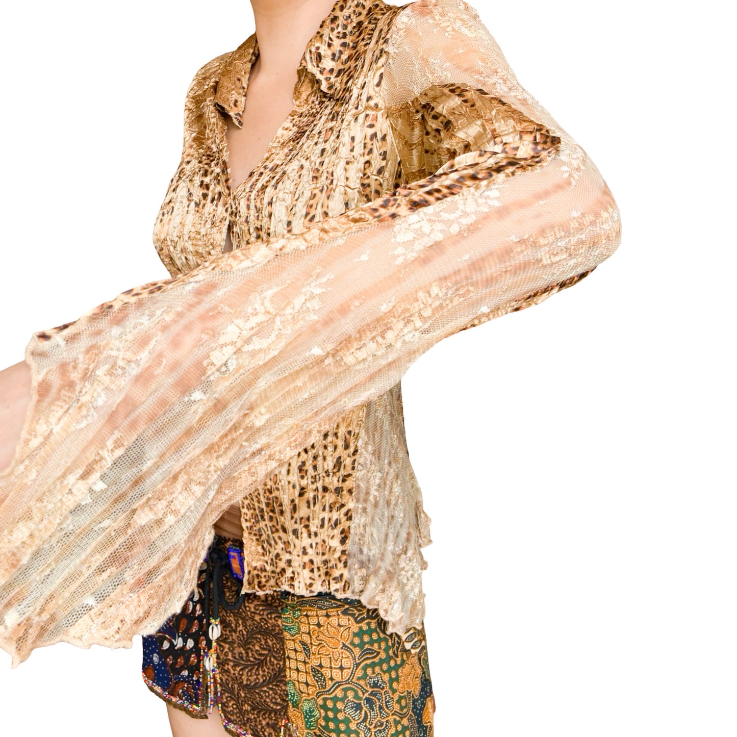 2000s Crinkled Leopard Lace Flared Sleeve Shirt