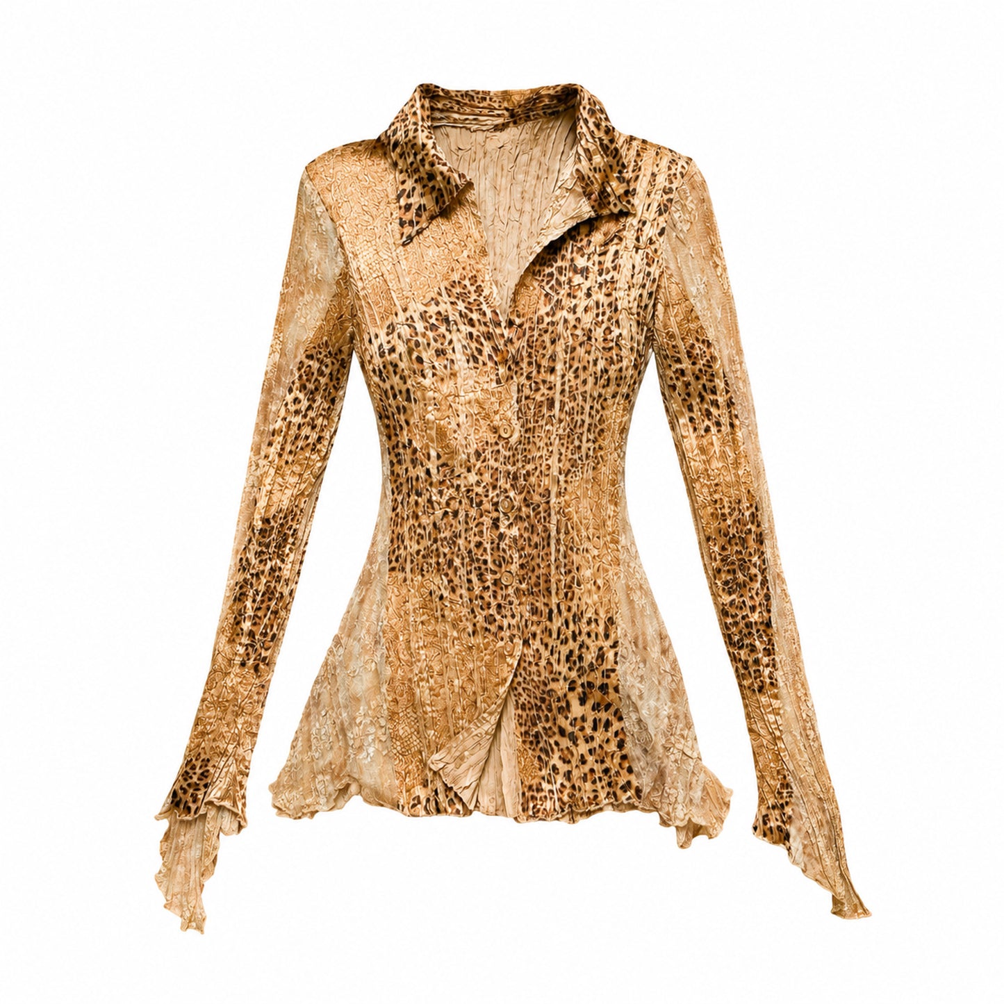 2000s Crinkled Leopard Lace Flared Sleeve Shirt