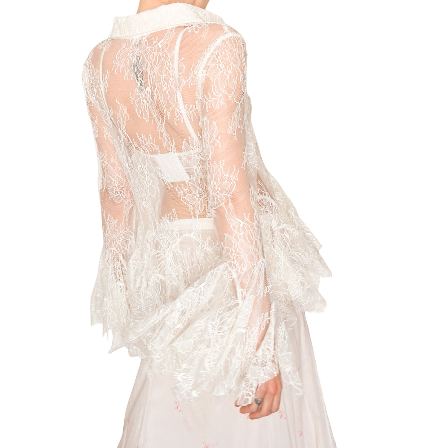 Sheer Ivory Lace Godet Button-Up Shirt