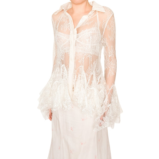 Sheer Ivory Lace Godet Button-Up Shirt