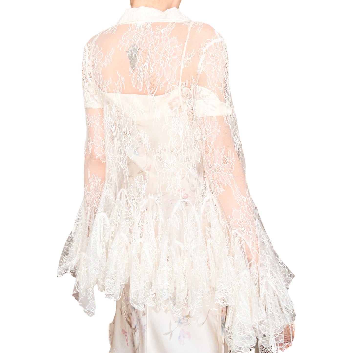 Sheer Ivory Lace Godet Button-Up Shirt