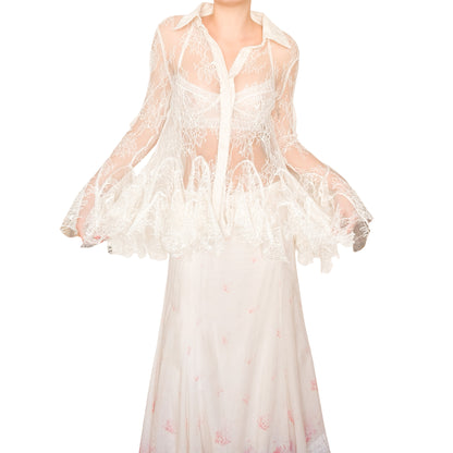 Sheer Ivory Lace Godet Button-Up Shirt