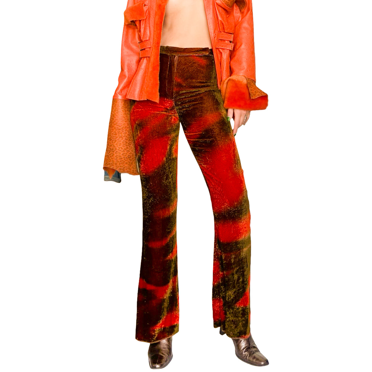 Roberto Cavalli 2000s Burnt Velvet Flame Flared Pants
