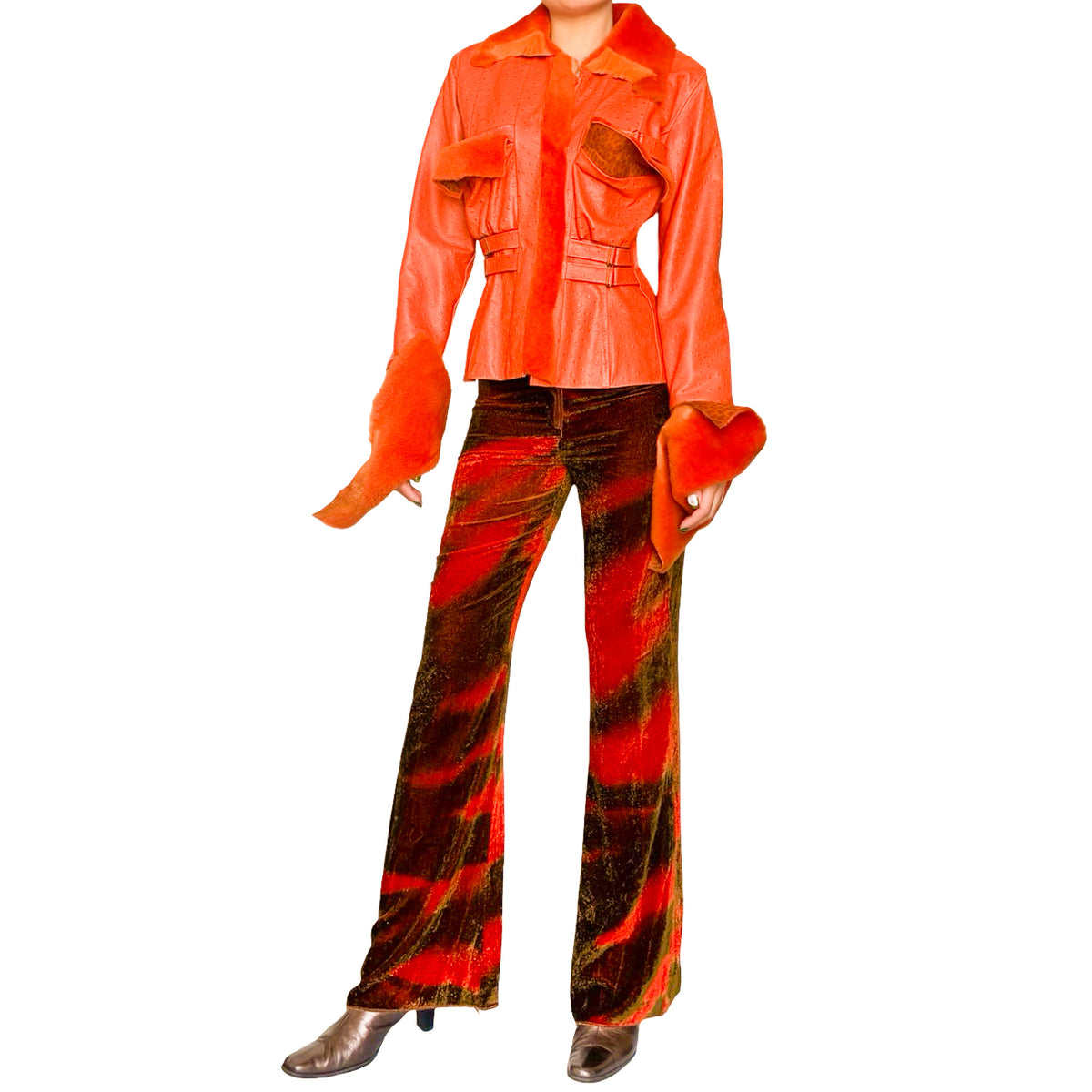 Roberto Cavalli 2000s Burnt Velvet Flame Flared Pants