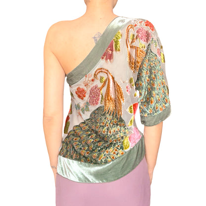 VTG 90s Silk Peacock Beaded Top