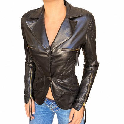 Roberto Cavalli 2003 Black Leather Biker Blazer