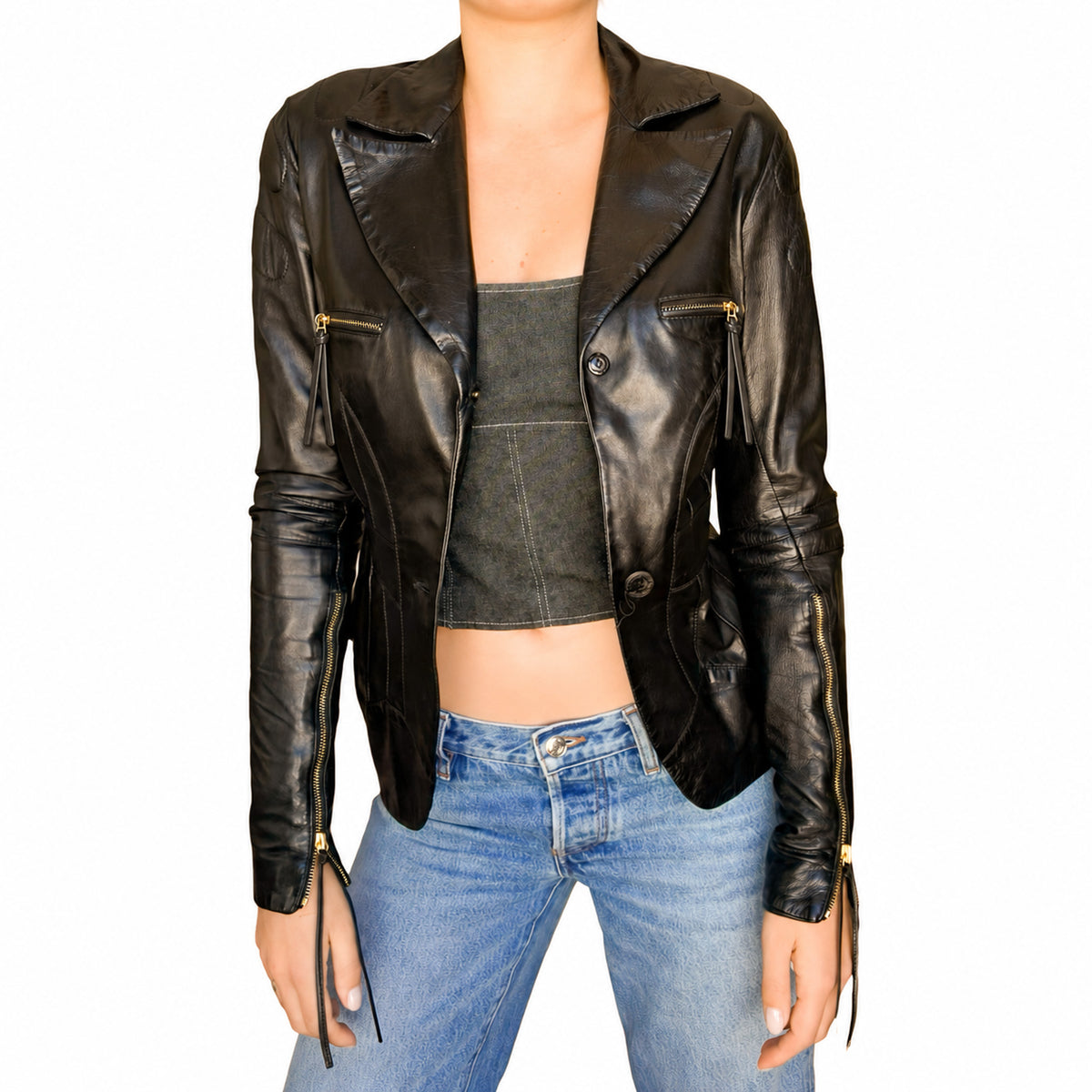 Roberto Cavalli 2003 Black Leather Biker Blazer