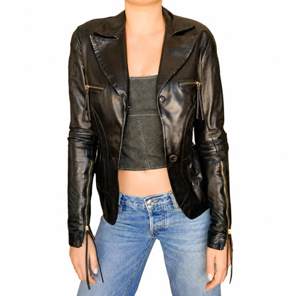 Roberto Cavalli 2003 Black Leather Biker Blazer
