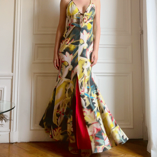 Versace 2000S Abstract Floral Silk Gown