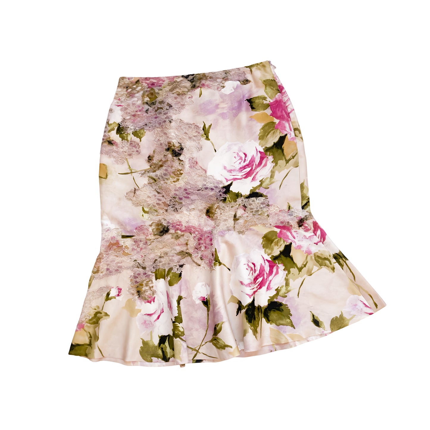 Luxury French designer 2000s silk skirt with lace appliqués