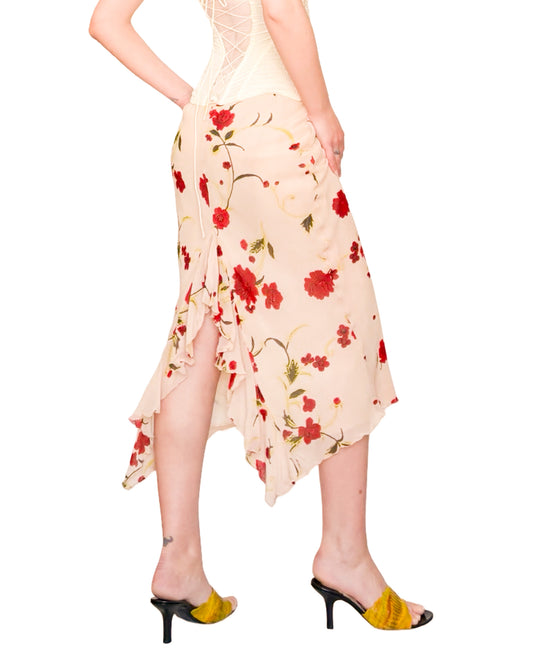 Italian Designer VTG Floral Skirt with Ruffled Back Slit