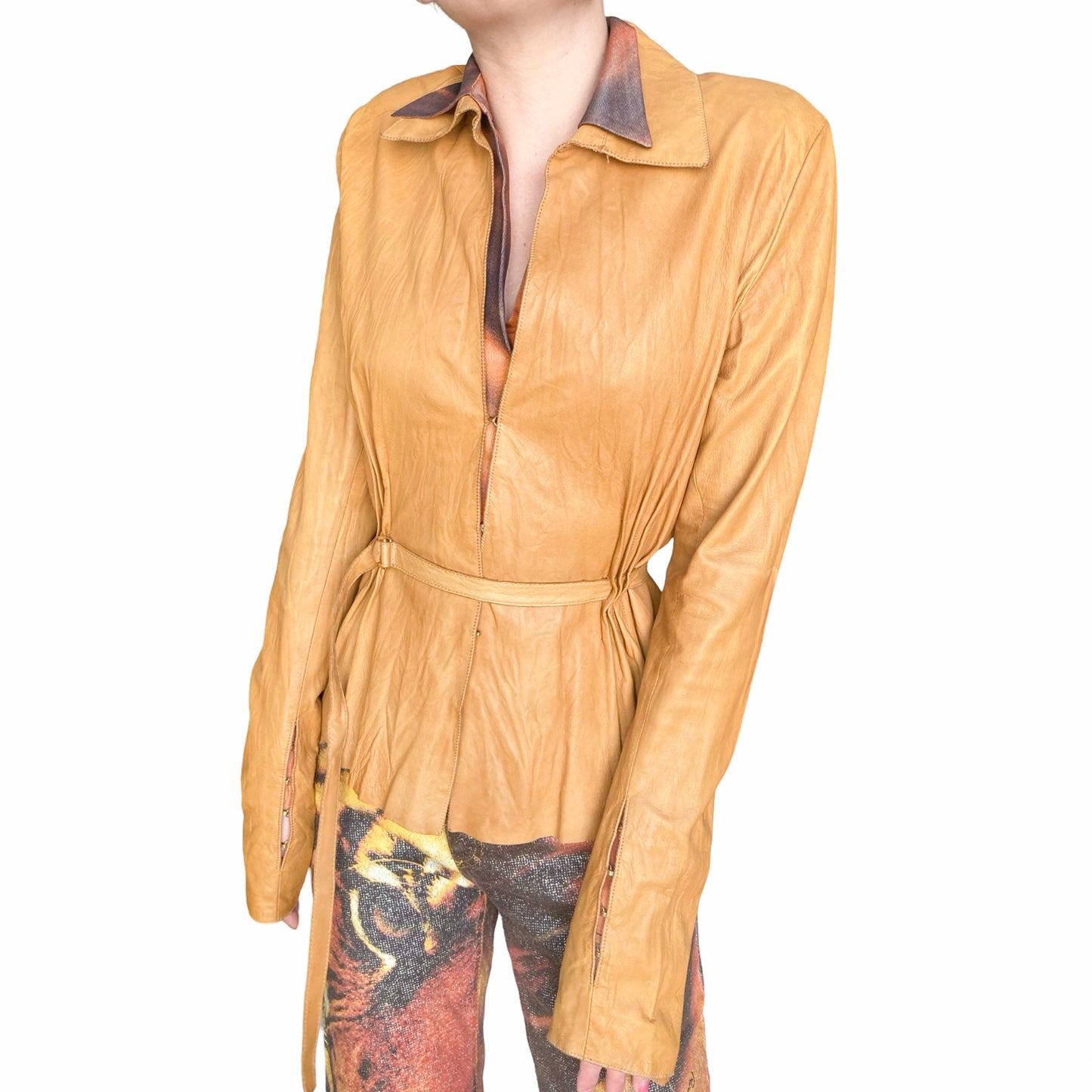 Roberto Cavalli S/S 2003 Tan Crinkled Leather Jacket with Floral Perforations