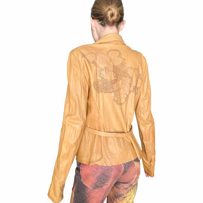 Roberto Cavalli S/S 2003 Tan Crinkled Leather Jacket with Floral Perforations