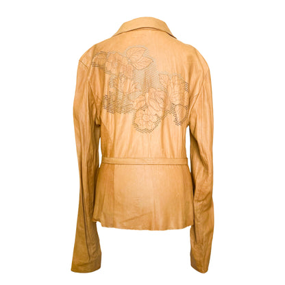 Roberto Cavalli S/S 2003 Tan Crinkled Leather Jacket with Floral Perforations