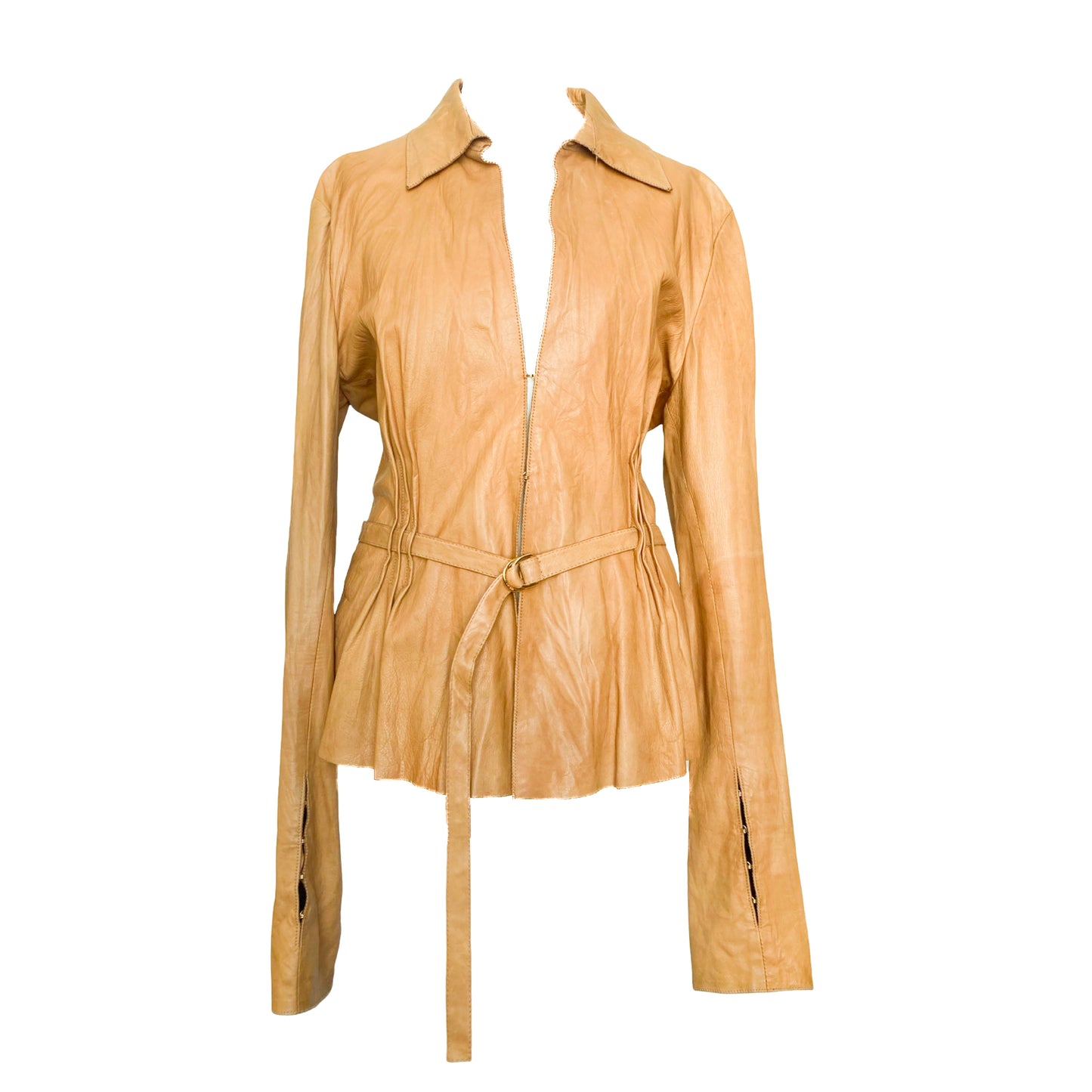 Roberto Cavalli S/S 2003 Tan Crinkled Leather Jacket with Floral Perforations