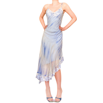 French 2000s Blue Tie-Dye Silk Dress with Embroidered Lace