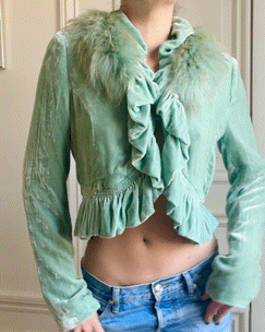 Roberto Cavalli Mint Silk Velvet Jacket with Fox Fur