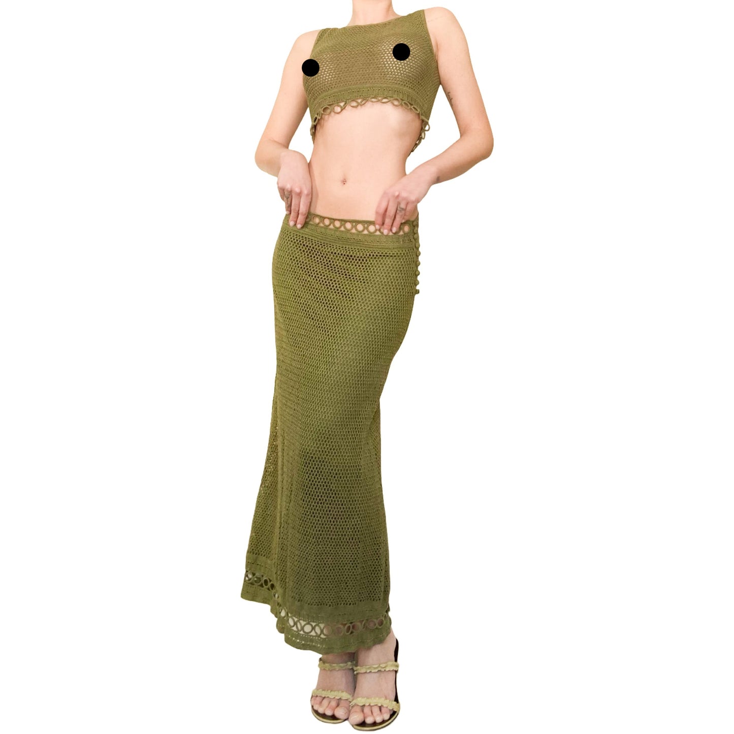 Alberta Ferretti S/S 2000 olive crochet set