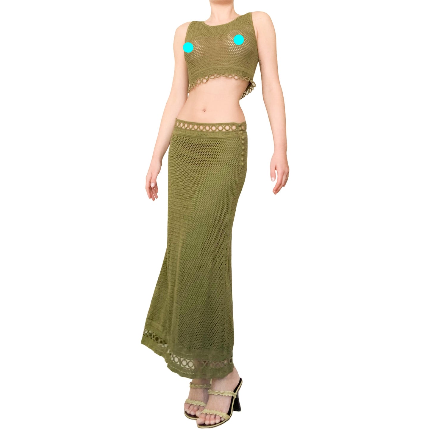 Alberta Ferretti S/S 2000 olive crochet set