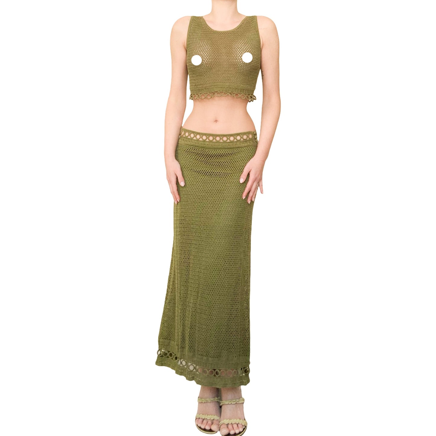 Alberta Ferretti S/S 2000 olive crochet set