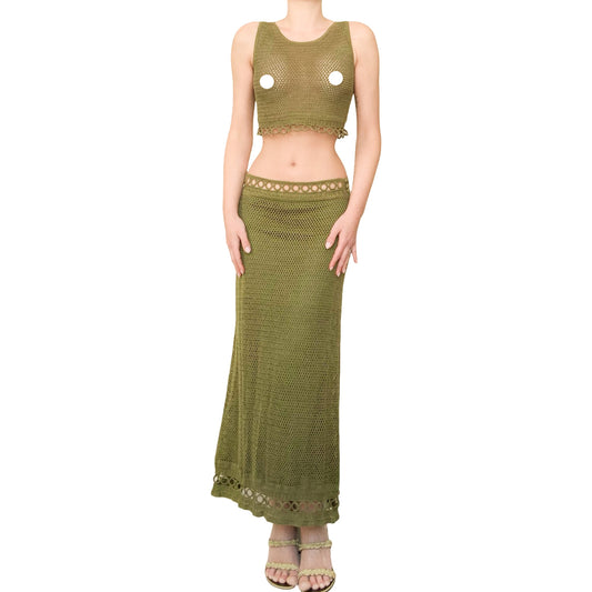 Alberta Ferretti S/S 2000 olive crochet set