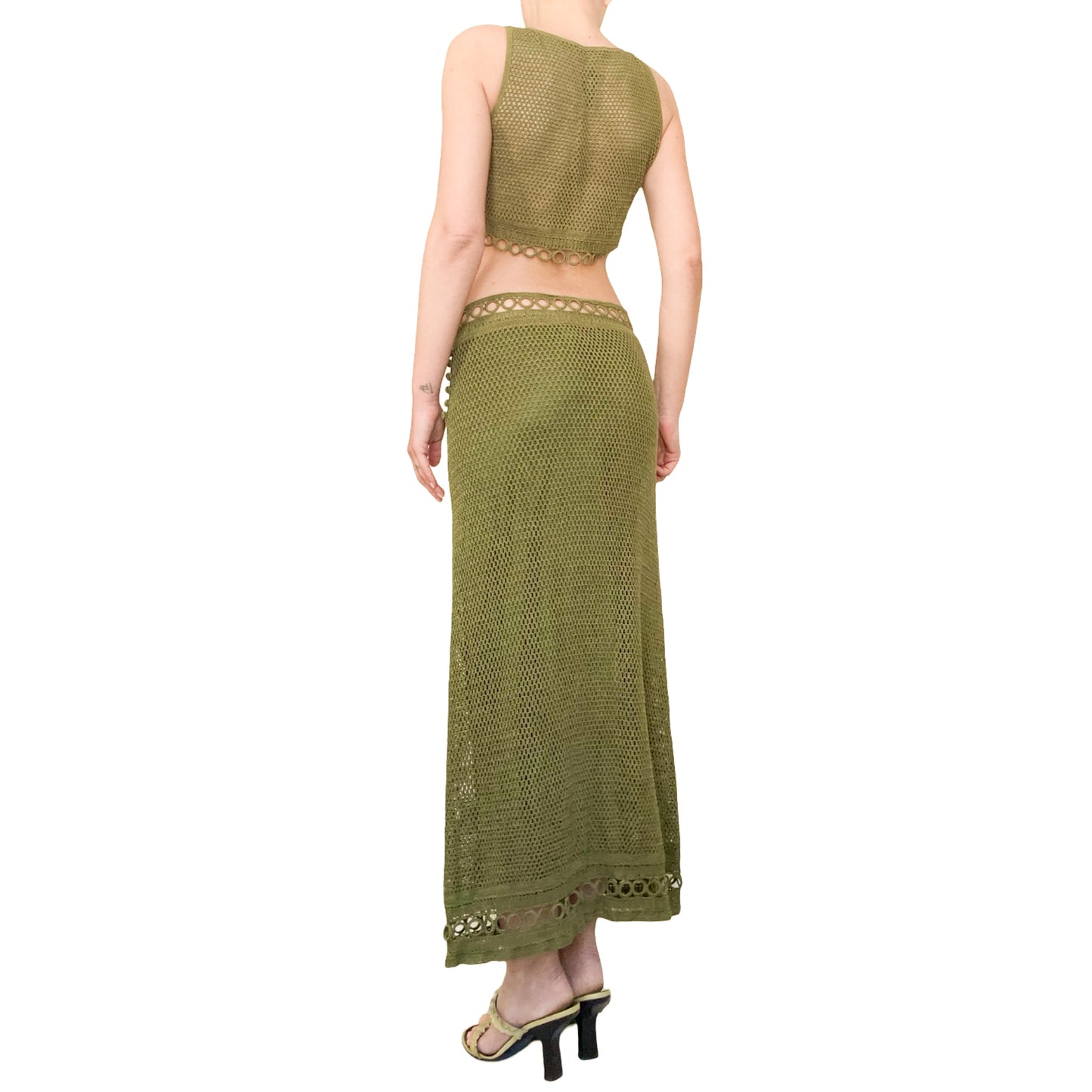 Alberta Ferretti S/S 2000 olive crochet set