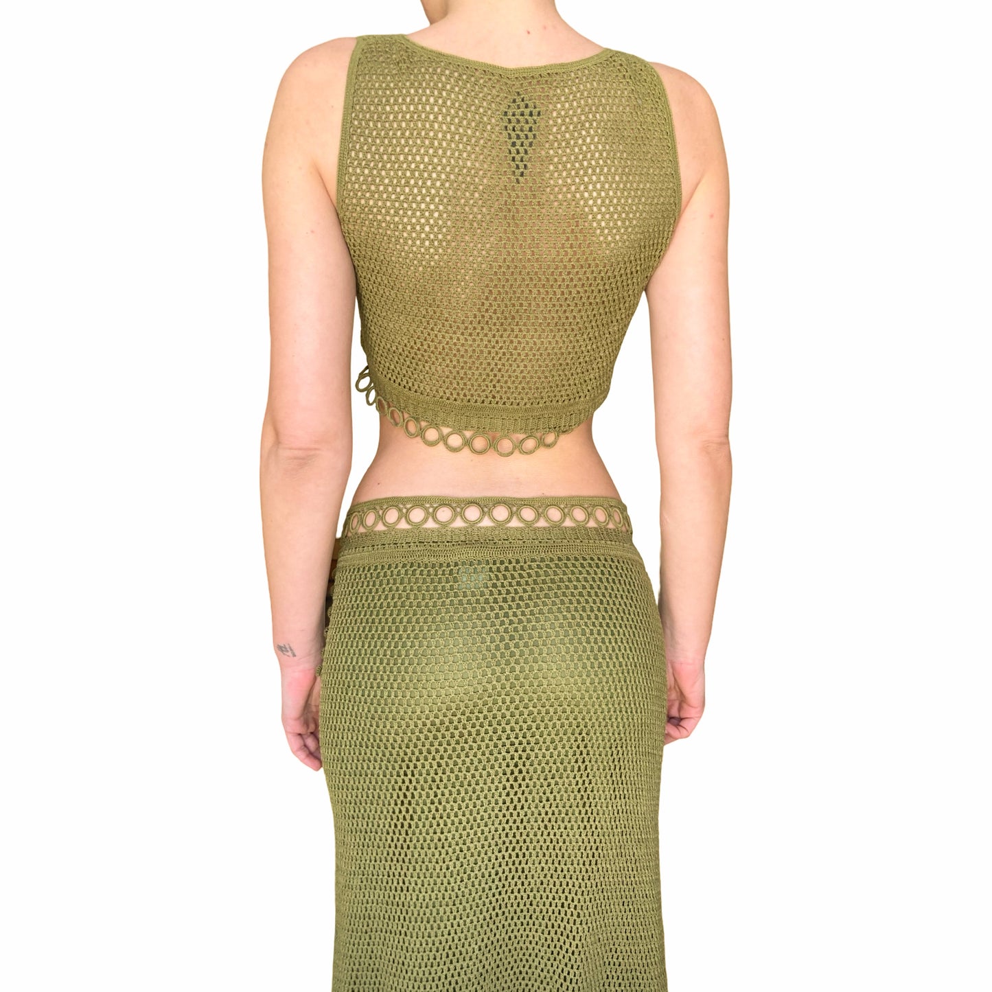 Alberta Ferretti S/S 2000 olive crochet set