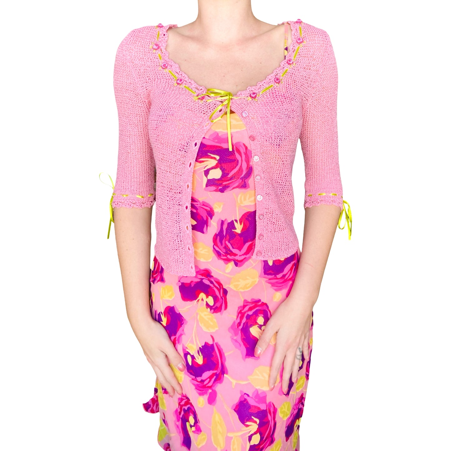 Betsey Johnson S/S 2001 silk dress & matching knit cardi ( set )